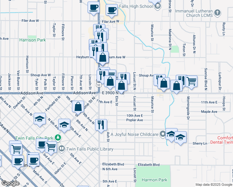 map of restaurants, bars, coffee shops, grocery stores, and more near 1315 11th Ave E in Twin Falls