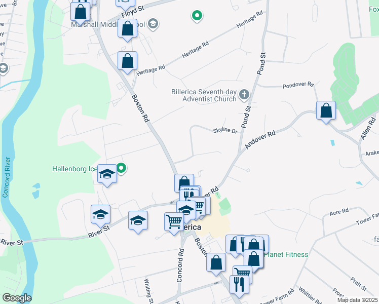 map of restaurants, bars, coffee shops, grocery stores, and more near 27 Skyline Drive in Billerica