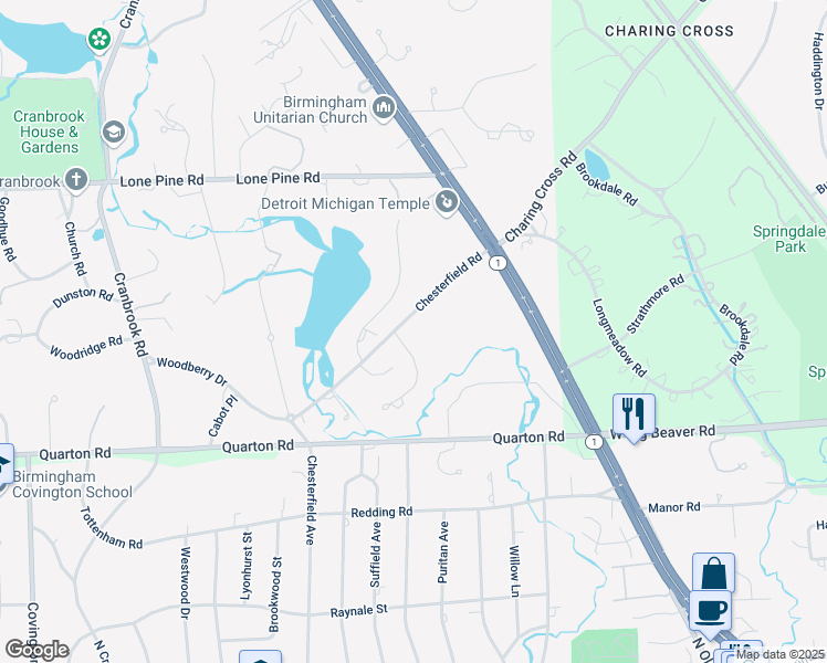 map of restaurants, bars, coffee shops, grocery stores, and more near 290 Chesterfield Road in Bloomfield Hills