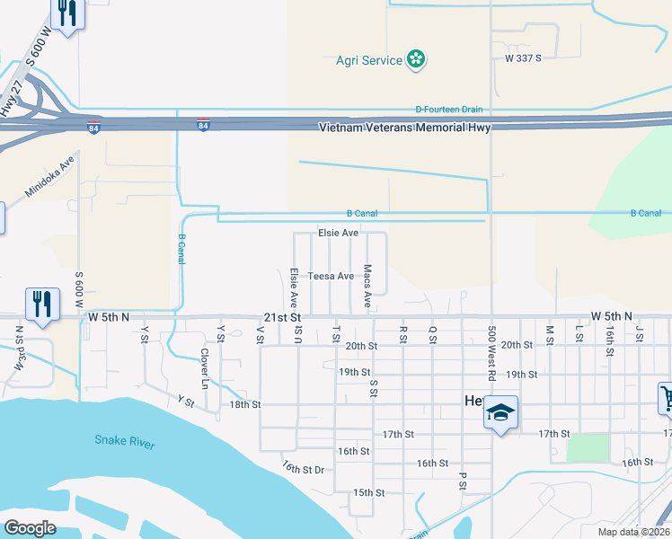map of restaurants, bars, coffee shops, grocery stores, and more near 2155 Mona Avenue in Heyburn