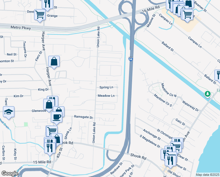map of restaurants, bars, coffee shops, grocery stores, and more near 24762 Meadow Lane in Harrison Township
