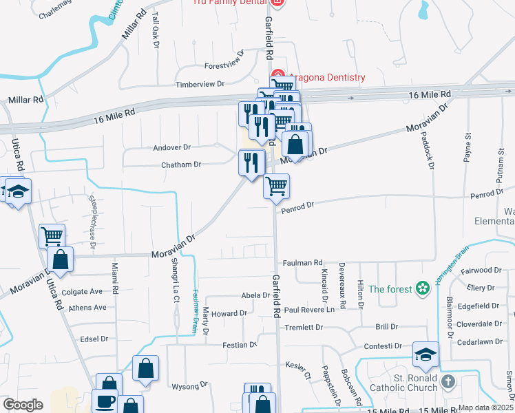 map of restaurants, bars, coffee shops, grocery stores, and more near 36333 Garfield Road in Macomb County