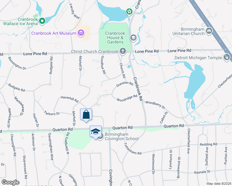 map of restaurants, bars, coffee shops, grocery stores, and more near 401 Dunston Road in Bloomfield Hills