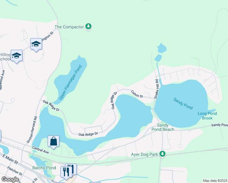 map of restaurants, bars, coffee shops, grocery stores, and more near 34 Calvin Street in Ayer