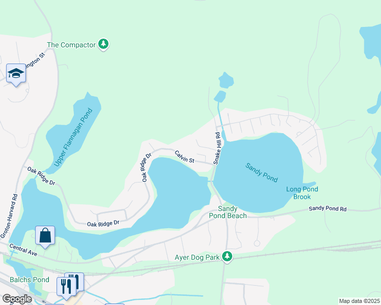 map of restaurants, bars, coffee shops, grocery stores, and more near 12 Calvin Street in Ayer