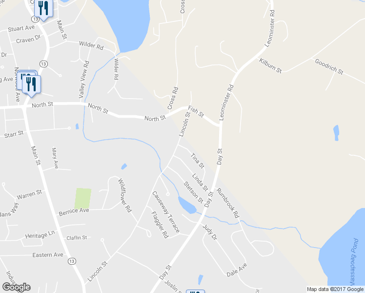 map of restaurants, bars, coffee shops, grocery stores, and more near 5 Tina Street in Leominster