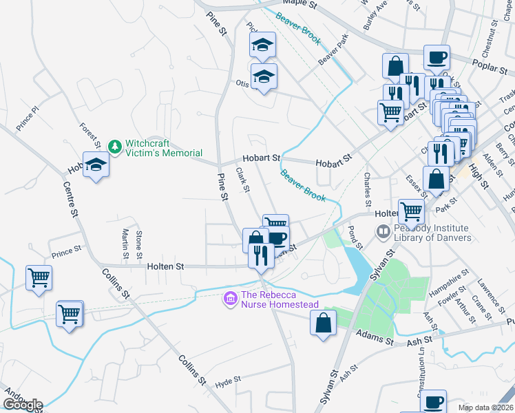 map of restaurants, bars, coffee shops, grocery stores, and more near 7 Clark Street in Danvers