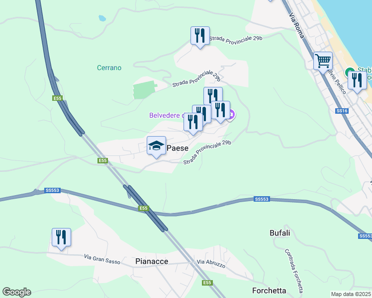 map of restaurants, bars, coffee shops, grocery stores, and more near 22 Via San Lucia in Silvi Paese