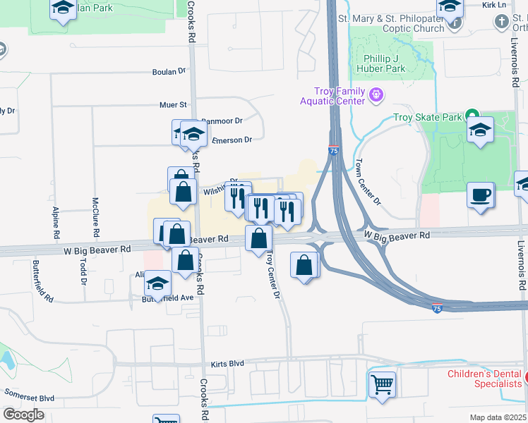 map of restaurants, bars, coffee shops, grocery stores, and more near 2871 Troy Center Drive in Troy