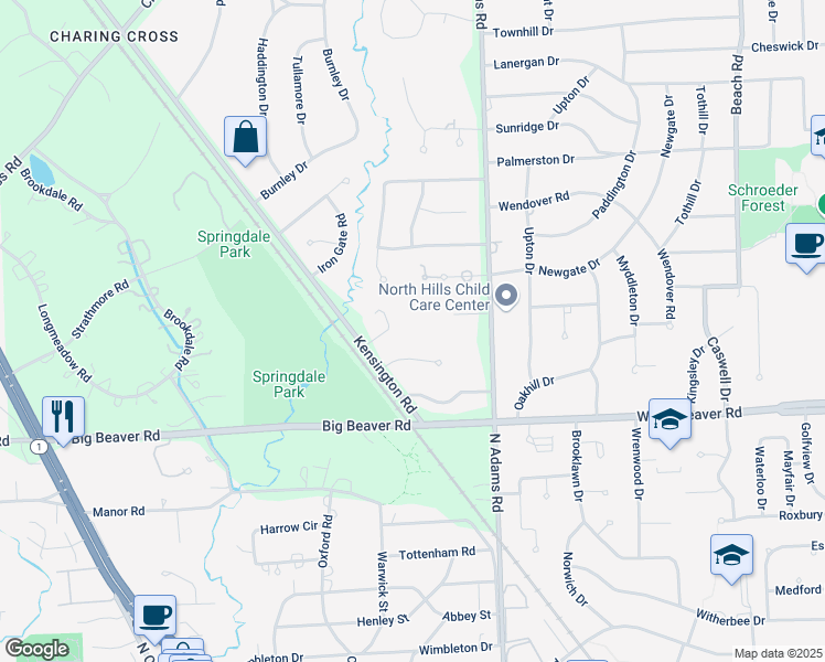 map of restaurants, bars, coffee shops, grocery stores, and more near 5369 Hickory Bend in Bloomfield Hills