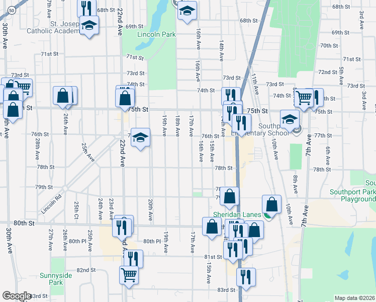 map of restaurants, bars, coffee shops, grocery stores, and more near 7608 17th Avenue in Kenosha