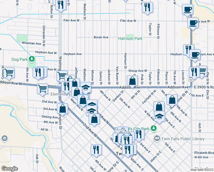 map of restaurants, bars, coffee shops, grocery stores, and more near 146 Jackson Street in Twin Falls