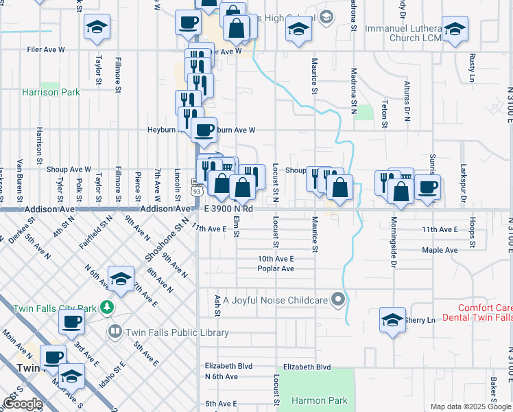 map of restaurants, bars, coffee shops, grocery stores, and more near 143 Locust Street North in Twin Falls