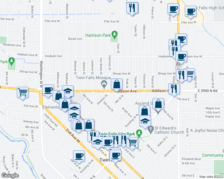 map of restaurants, bars, coffee shops, grocery stores, and more near 143 Tyler Street in Twin Falls
