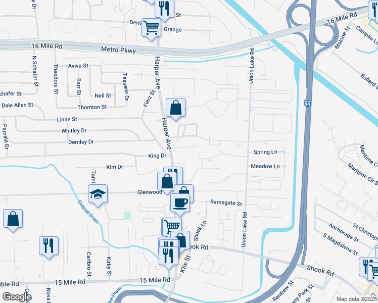 map of restaurants, bars, coffee shops, grocery stores, and more near 24131 Meadowbridge Drive in Clinton Township