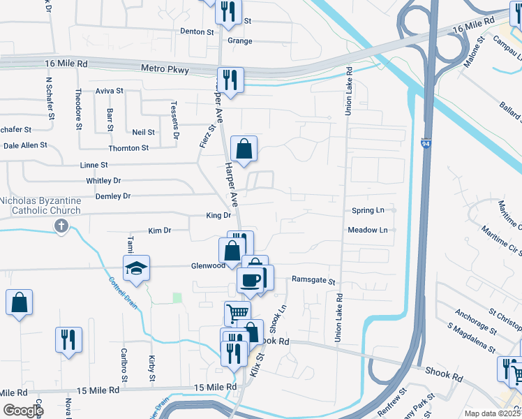 map of restaurants, bars, coffee shops, grocery stores, and more near 24131 Meadowbridge Drive in Clinton Township