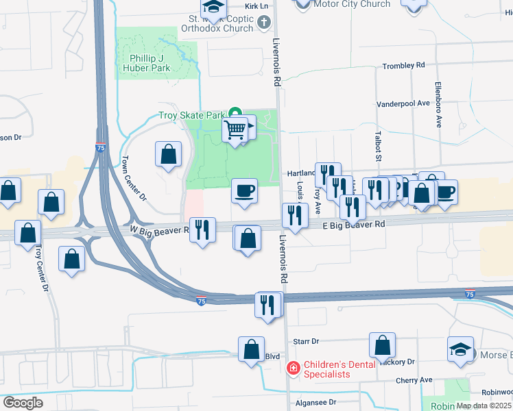 map of restaurants, bars, coffee shops, grocery stores, and more near 50 West Big Beaver Road in Troy