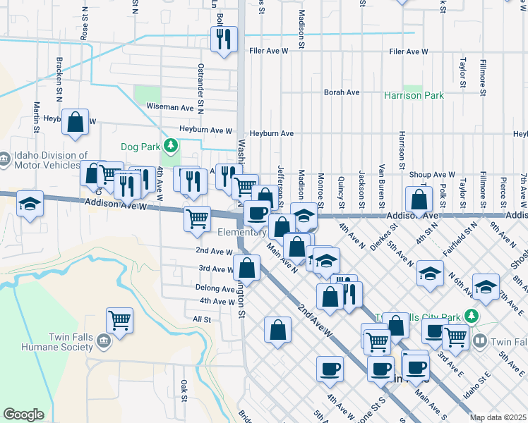 map of restaurants, bars, coffee shops, grocery stores, and more near 150 Adams Street in Twin Falls