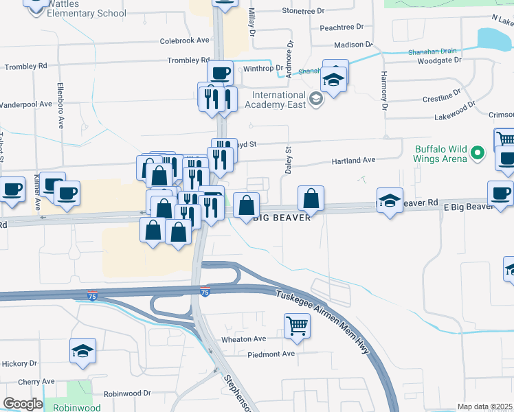 map of restaurants, bars, coffee shops, grocery stores, and more near 1071 Beaver Run in Troy