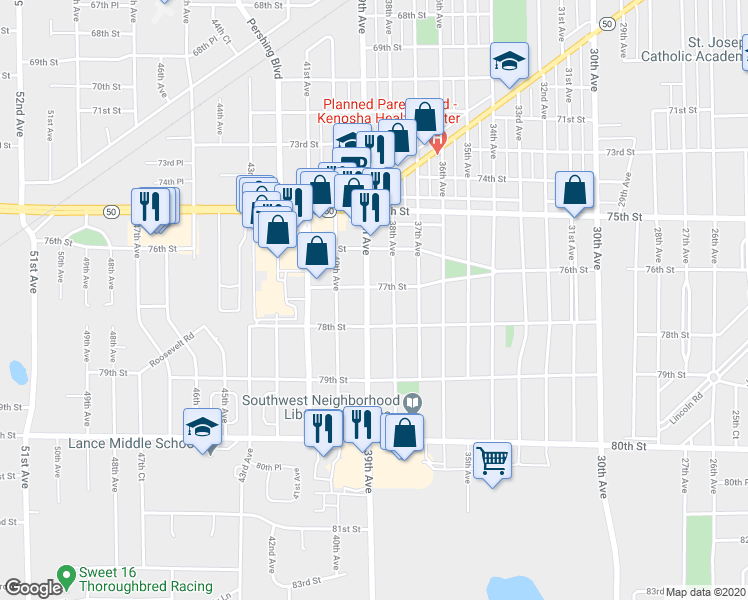 map of restaurants, bars, coffee shops, grocery stores, and more near 7711 39th Avenue in Kenosha