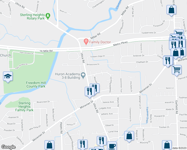 map of restaurants, bars, coffee shops, grocery stores, and more near 36411 Saddlebred Court in Charter Township of Clinton