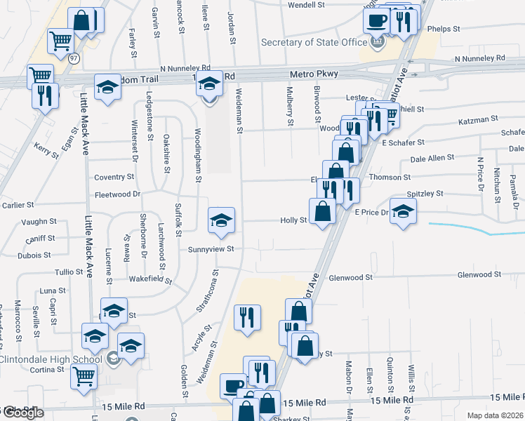 map of restaurants, bars, coffee shops, grocery stores, and more near 36312 Weideman Street in Clinton Township
