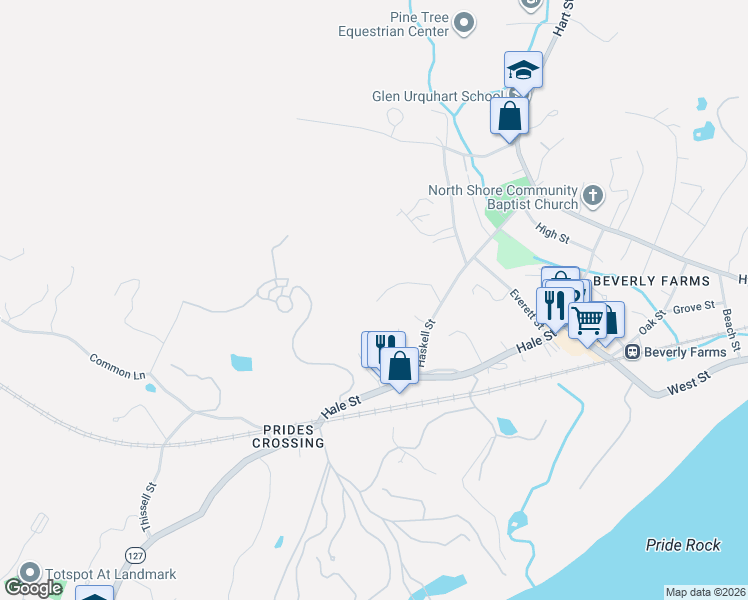 map of restaurants, bars, coffee shops, grocery stores, and more near 21 Private Anthony Rezza Road in Beverly
