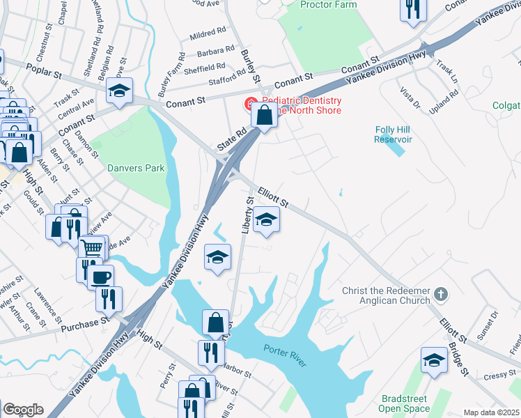 map of restaurants, bars, coffee shops, grocery stores, and more near 51 Liberty Street in Danvers