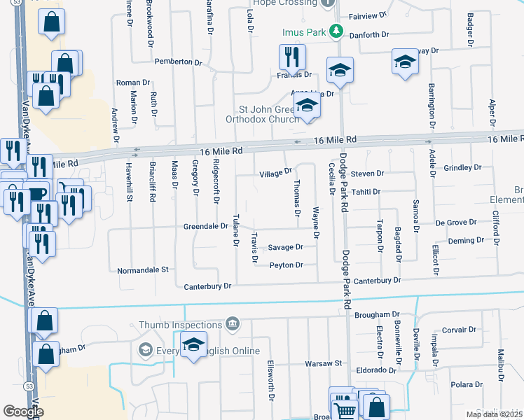 map of restaurants, bars, coffee shops, grocery stores, and more near 11303 Greendale Drive in Sterling Heights