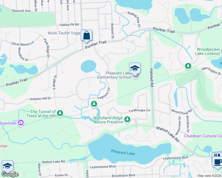map of restaurants, bars, coffee shops, grocery stores, and more near 5005 Lagoons Circle in West Bloomfield Township