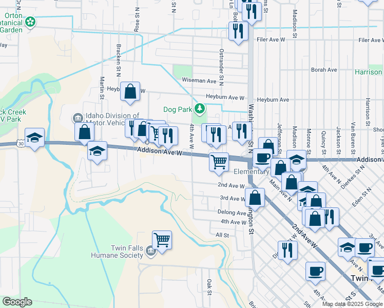 map of restaurants, bars, coffee shops, grocery stores, and more near 158 Blake Street North in Twin Falls