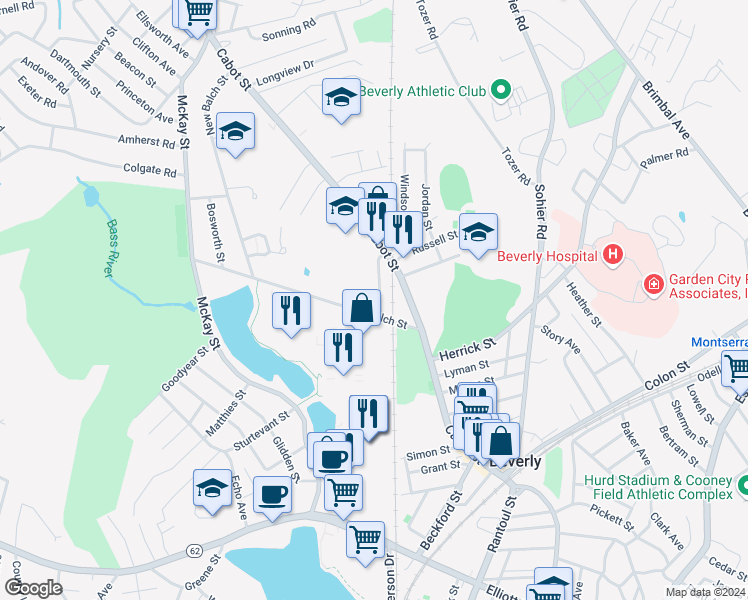 map of restaurants, bars, coffee shops, grocery stores, and more near 12 Blaine Avenue in Beverly