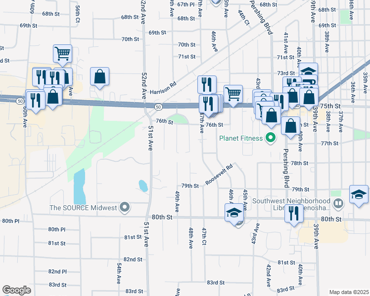 map of restaurants, bars, coffee shops, grocery stores, and more near 7641 49th Avenue in Kenosha