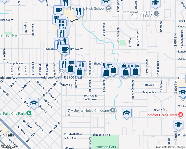 map of restaurants, bars, coffee shops, grocery stores, and more near 141 Juniper Street North in Twin Falls
