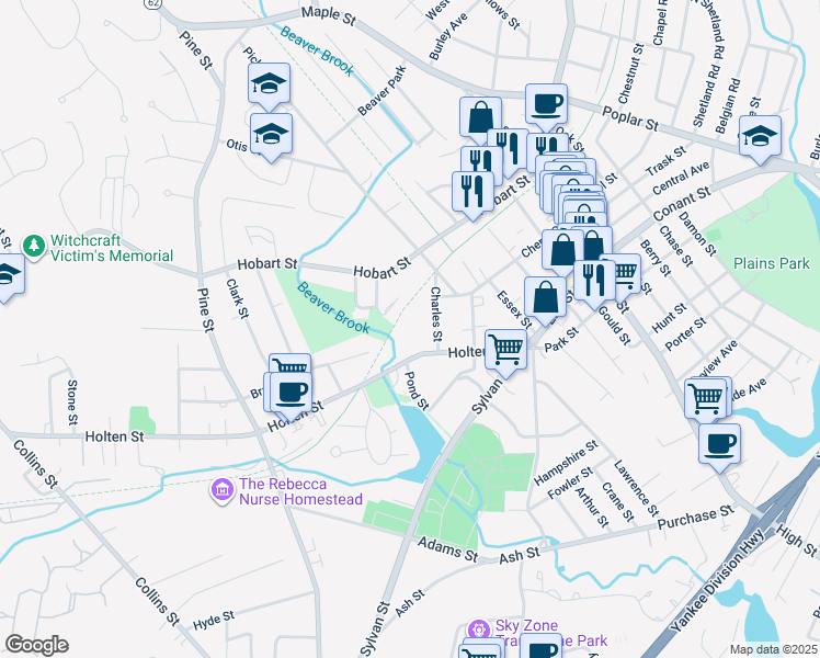 map of restaurants, bars, coffee shops, grocery stores, and more near 14R Charles Street in Danvers