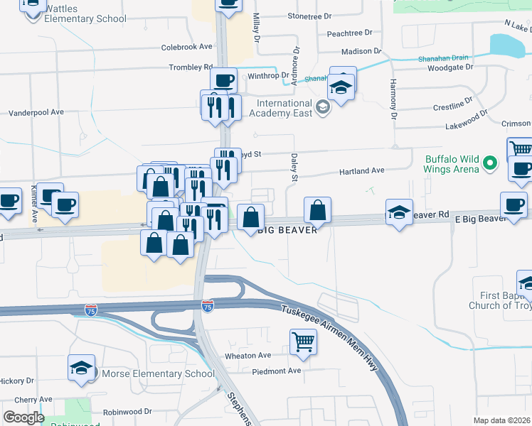 map of restaurants, bars, coffee shops, grocery stores, and more near 1132 Faulkner in Troy