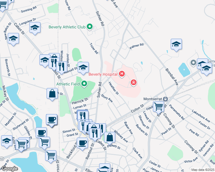map of restaurants, bars, coffee shops, grocery stores, and more near 40 Heather Street in Beverly