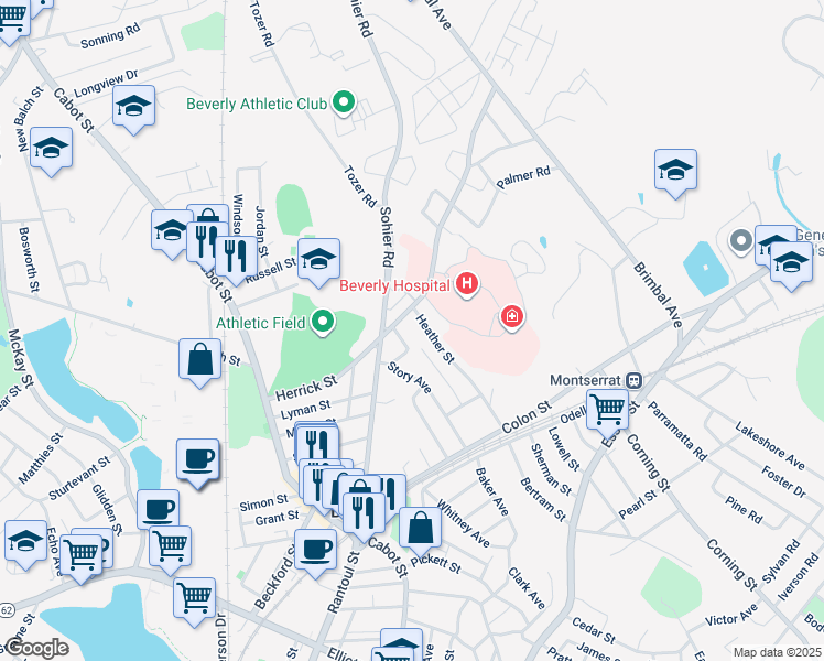 map of restaurants, bars, coffee shops, grocery stores, and more near in Beverly