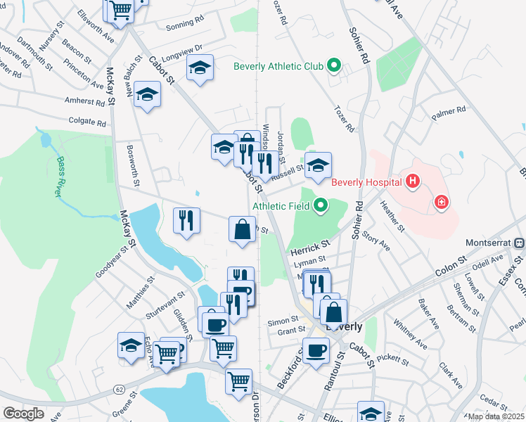 map of restaurants, bars, coffee shops, grocery stores, and more near 12 Blaine Avenue in Beverly