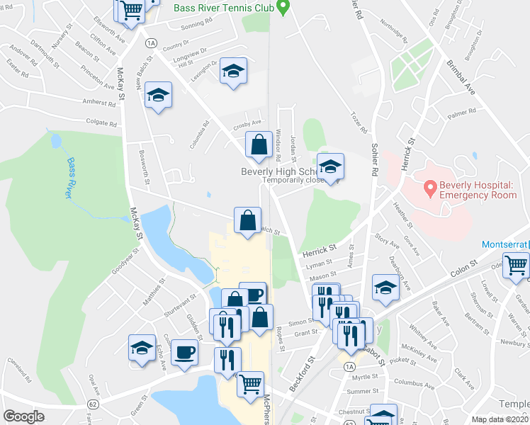 map of restaurants, bars, coffee shops, grocery stores, and more near 12 Blaine Avenue in Beverly