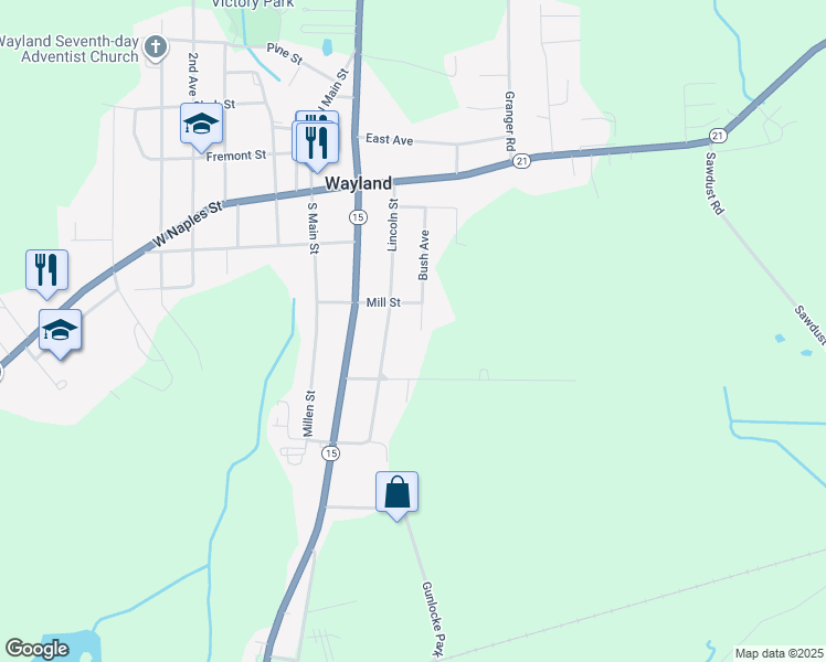 map of restaurants, bars, coffee shops, grocery stores, and more near 105 Bush Ave in Wayland