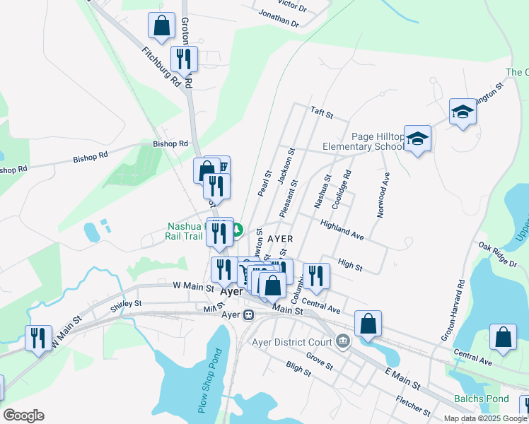map of restaurants, bars, coffee shops, grocery stores, and more near 9 Jackson Street in Ayer