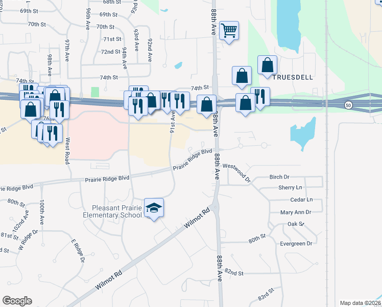 map of restaurants, bars, coffee shops, grocery stores, and more near 9052 Prairie Ridge Boulevard in Pleasant Prairie