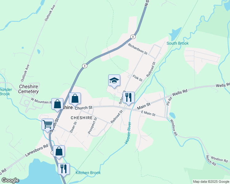 map of restaurants, bars, coffee shops, grocery stores, and more near 191 Church Street in Cheshire
