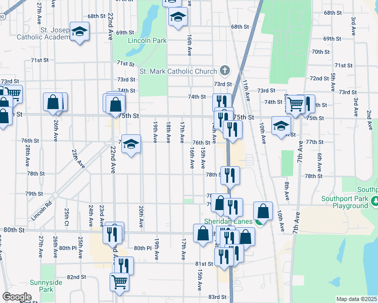 map of restaurants, bars, coffee shops, grocery stores, and more near 7608 17th Avenue in Kenosha
