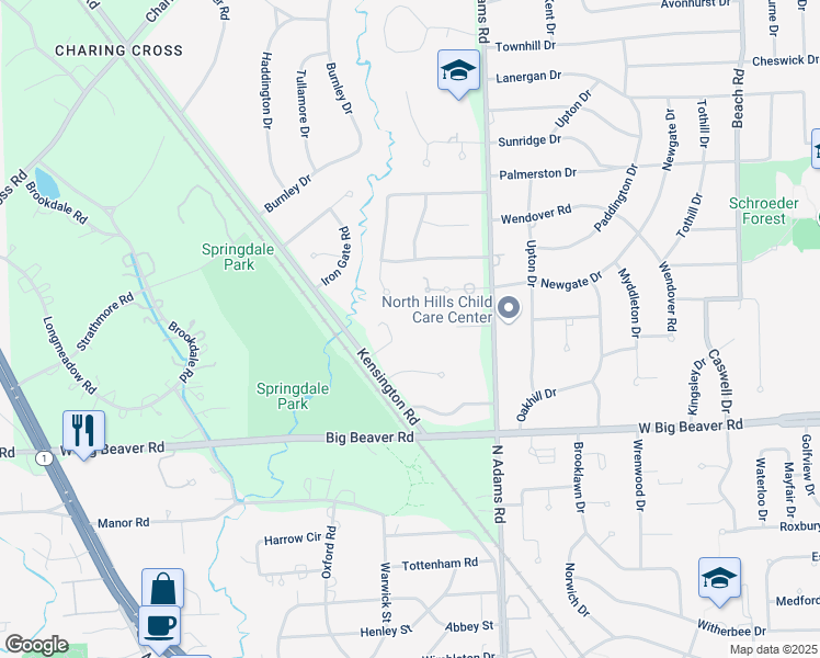 map of restaurants, bars, coffee shops, grocery stores, and more near 5369 Hickory Bend in Bloomfield Hills