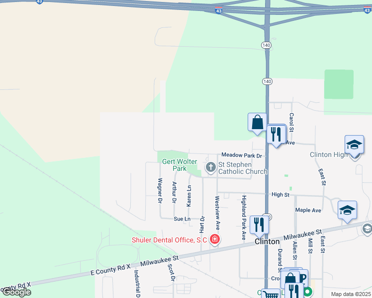 map of restaurants, bars, coffee shops, grocery stores, and more near 730 Meadow Park Drive in Clinton