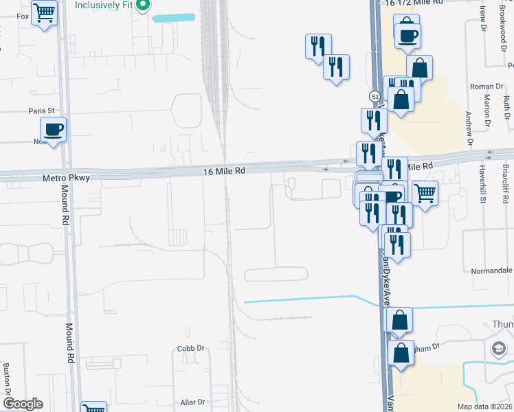 map of restaurants, bars, coffee shops, grocery stores, and more near 7150 Metro Parkway in Sterling Heights