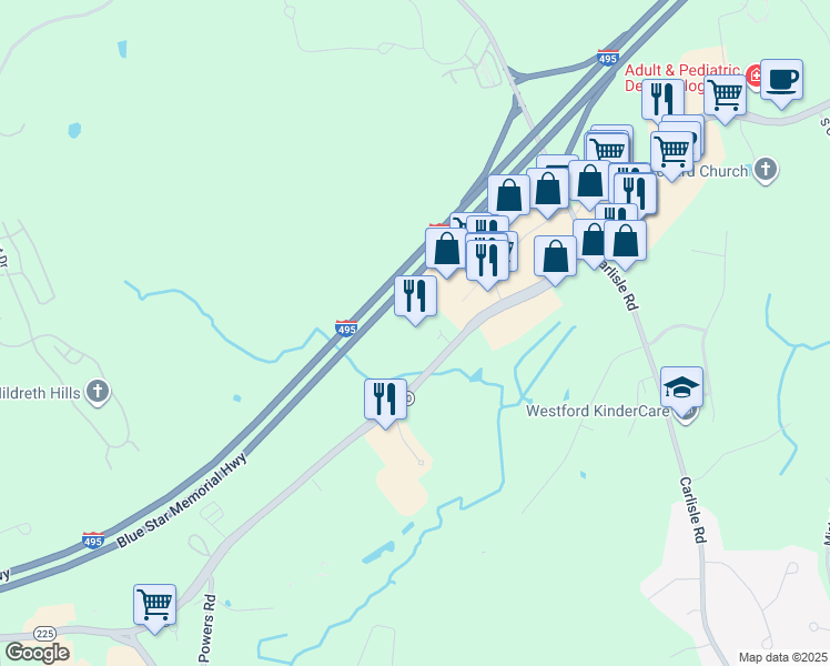 map of restaurants, bars, coffee shops, grocery stores, and more near 219 Littleton Road in Westford