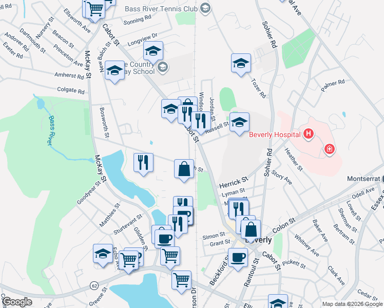 map of restaurants, bars, coffee shops, grocery stores, and more near 12 Blaine Avenue in Beverly